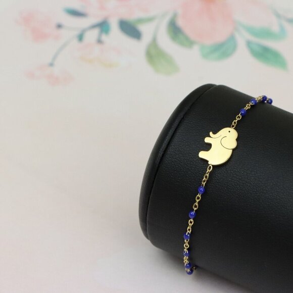 Charming Yellow Gold Plated Elephant Bracelet with Blue Beads, XPBL0621 - Picture 7 of 11